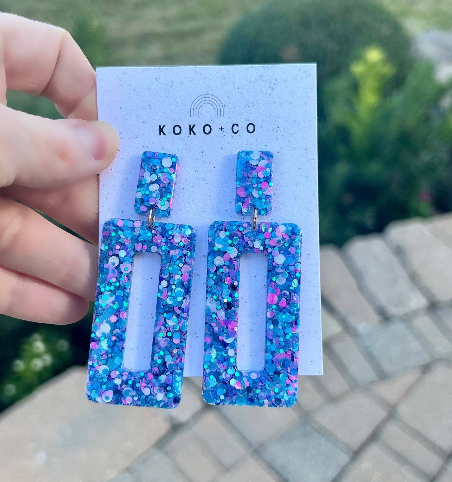 Rectangle Dangle Earrings in Blue with Pink and White Multi