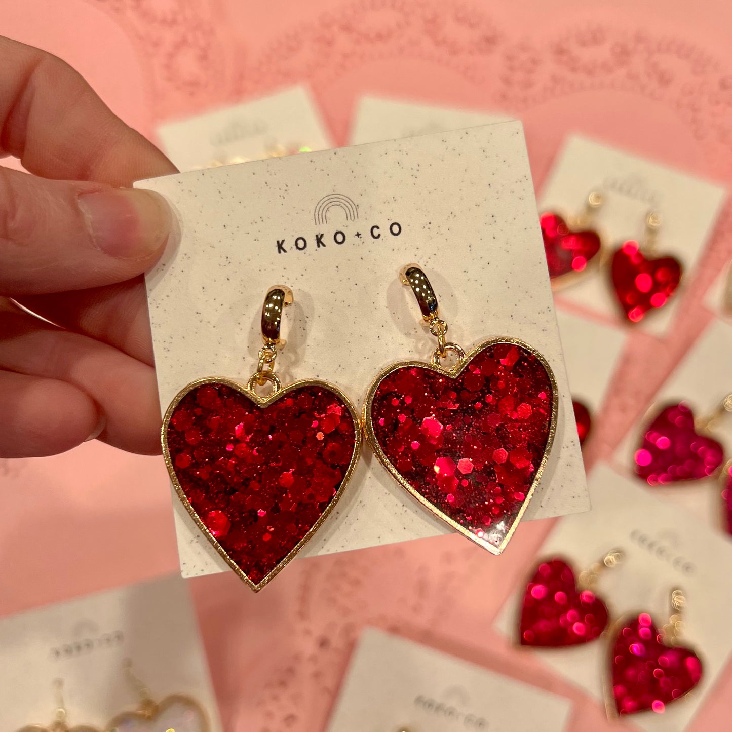 Bezel Heart Huggie Earrings in Red