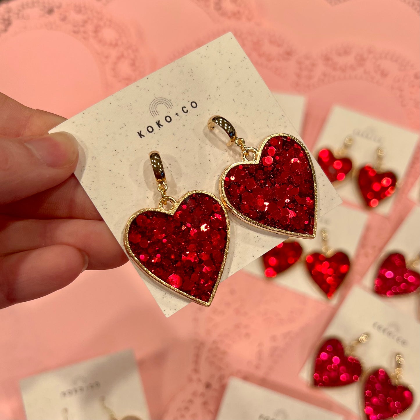Bezel Heart Huggie Earrings in Red