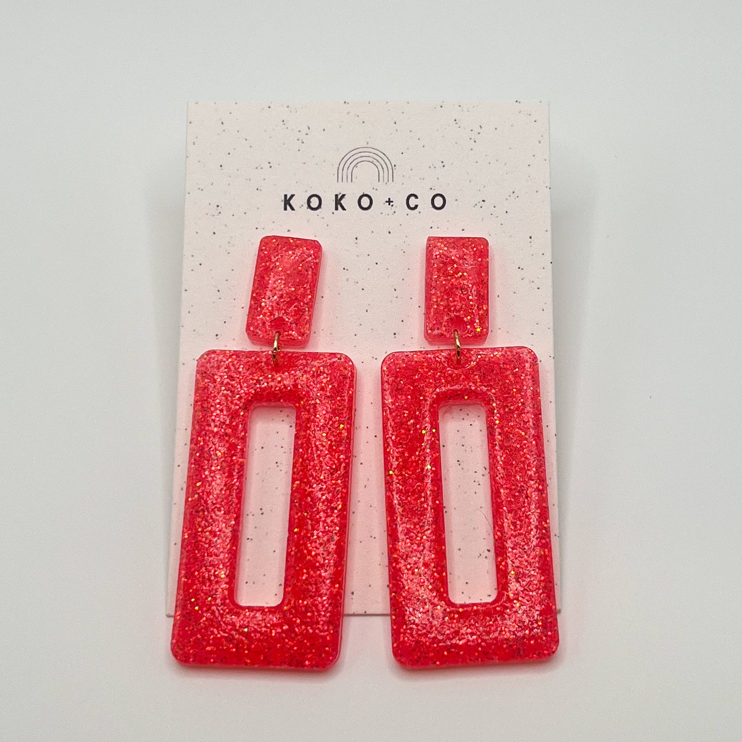 Rectangle Dangle Earrings in Neon Coral Glitter