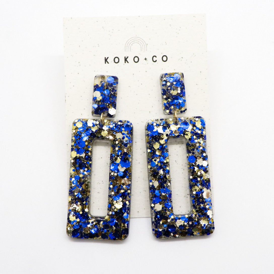 Rectangle Dangle Earrings in Blue and Gold Glitter