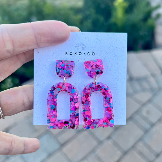 Arched Earrings in Pink with Blue and Red