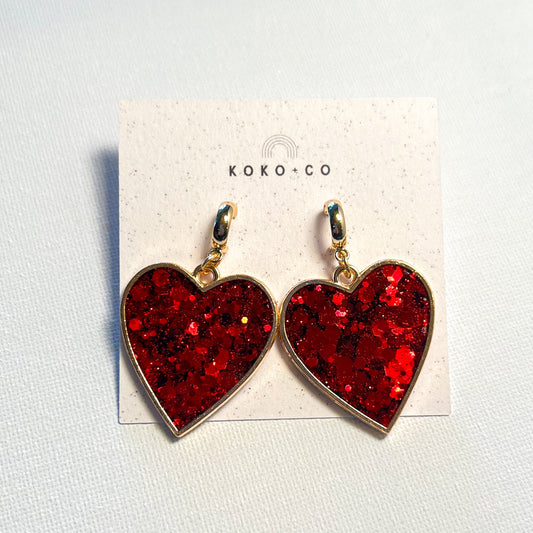 Bezel Heart Huggie Earrings in Red