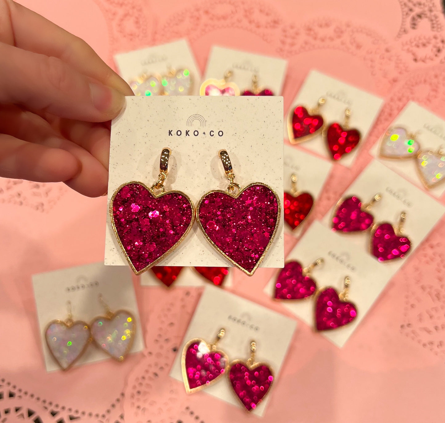 Bezel Heart Huggie Earrings in Fuchsia