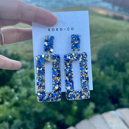 Rectangle Dangle Earrings in Blue and Gold Glitter