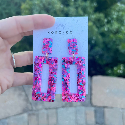 Rectangle Dangle Earrings in Pink with Blue Multi