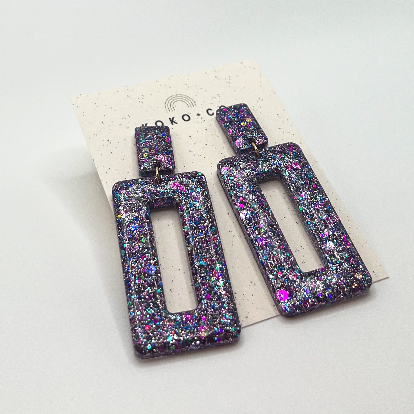 Rectangle Dangle Earrings in Purple Multi Glitter