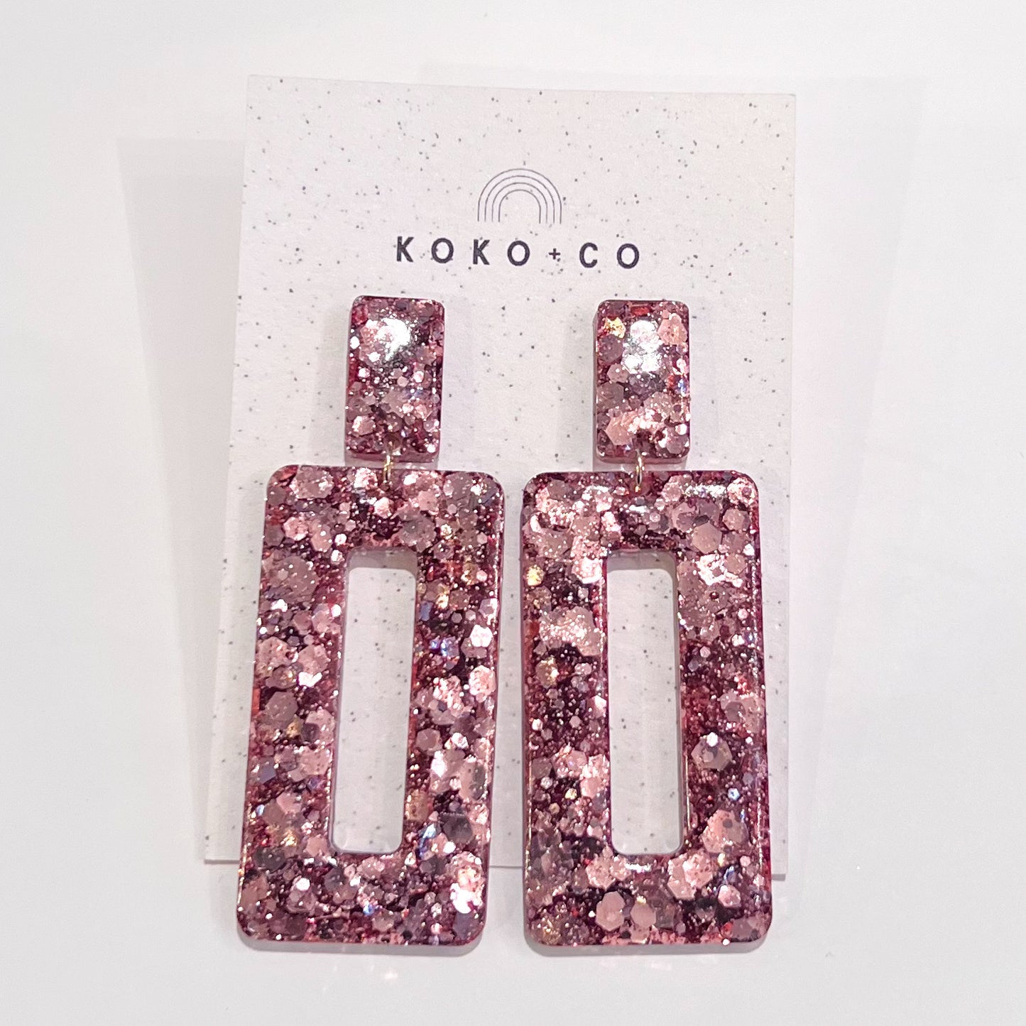 Rectangle Dangle Earrings in Rose Pink Glitter