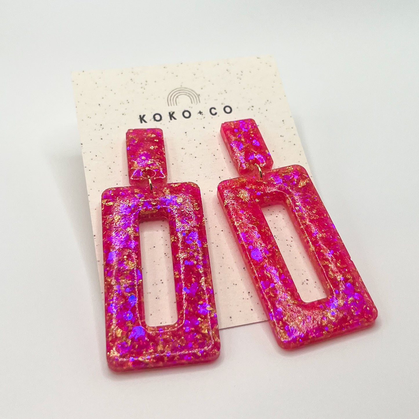Rectangle Dangle Earrings in Neon Pink and Gold