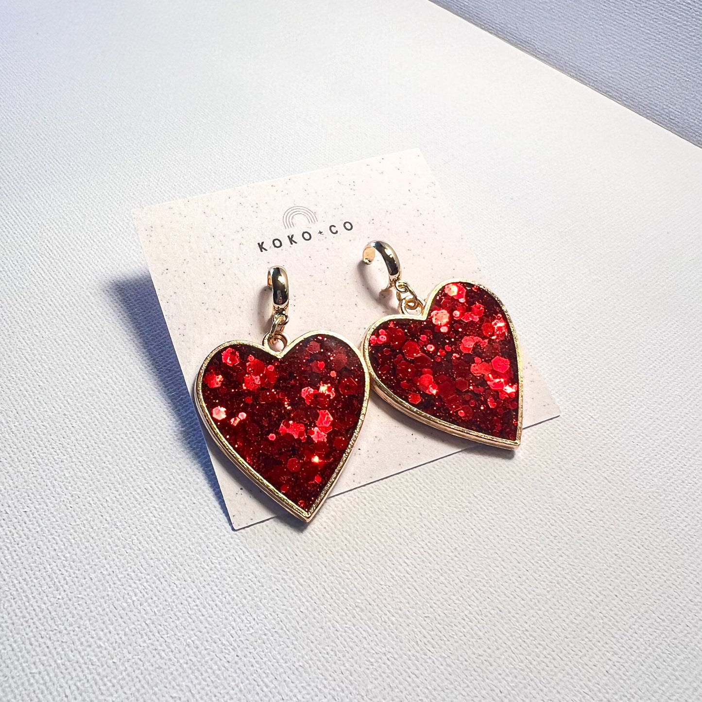 Bezel Heart Huggie Earrings in Red