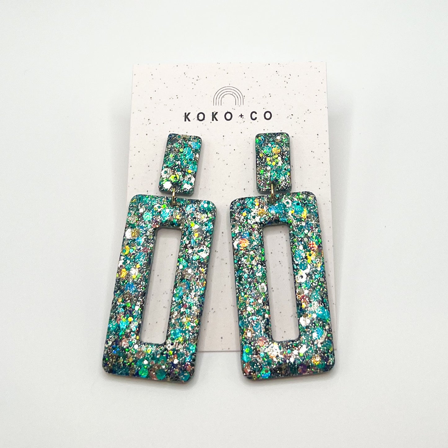 Rectangle Dangle Earrings in Green, Gold and Silver Multi