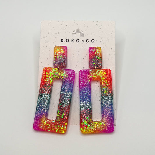 Rectangle Dangle Earrings in Multi Neon Glitter