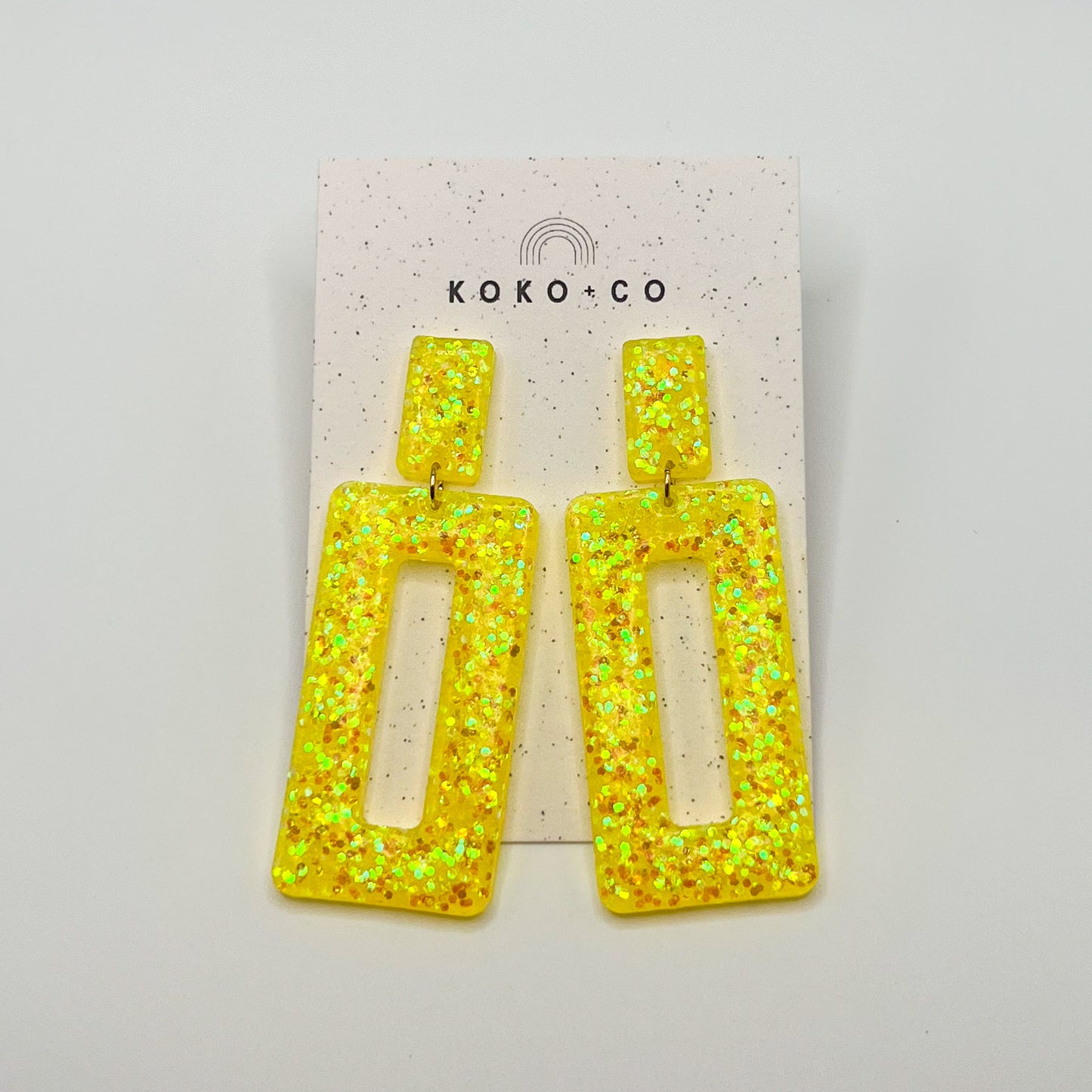 Rectangle Dangle Earrings in Neon Yellow Glitter