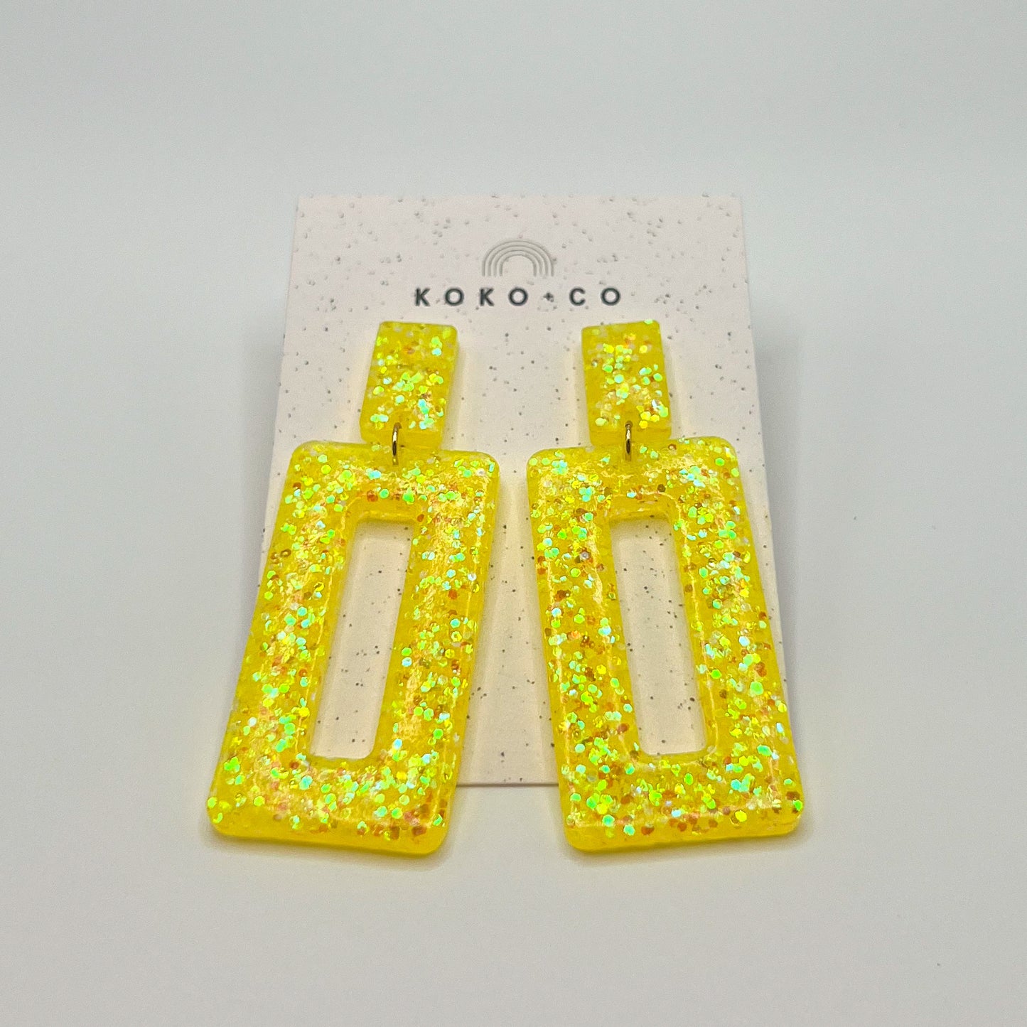 Rectangle Dangle Earrings in Neon Yellow Glitter