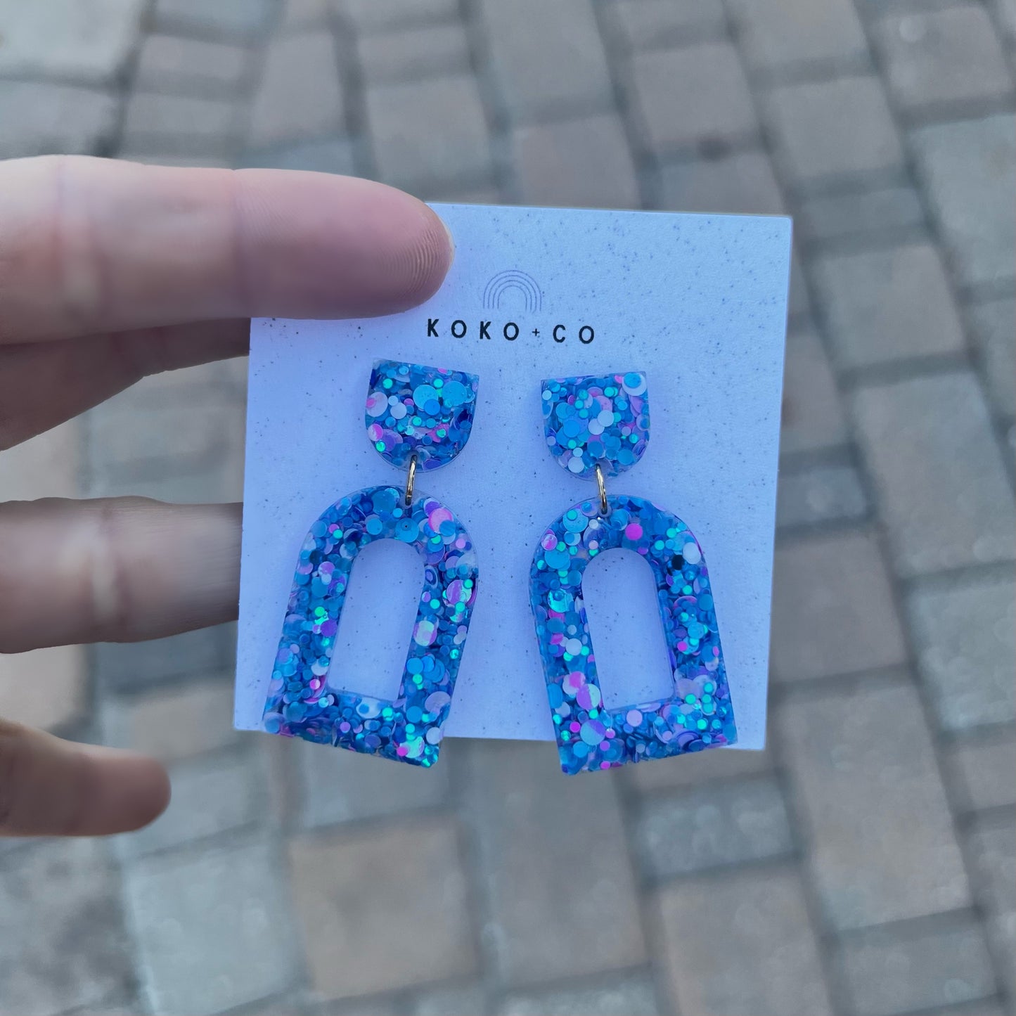 Arched Earrings in Blue with Pink and White