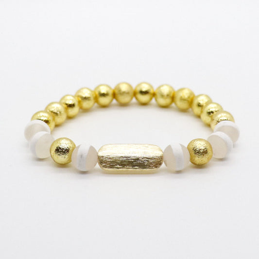 White DZI and Brushed Gold Bead Bracelet