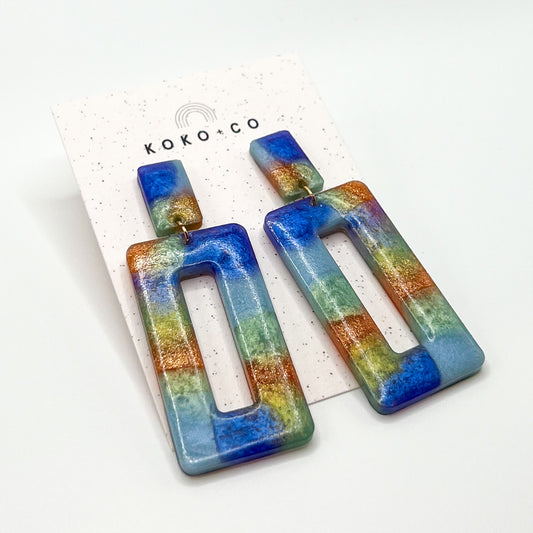 Rectangle Dangle Earrings in Blue, Green and Bronze