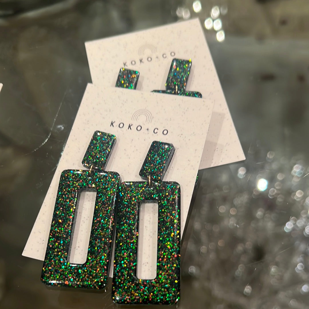 Rectangle Dangle Earrings in Green Glitter