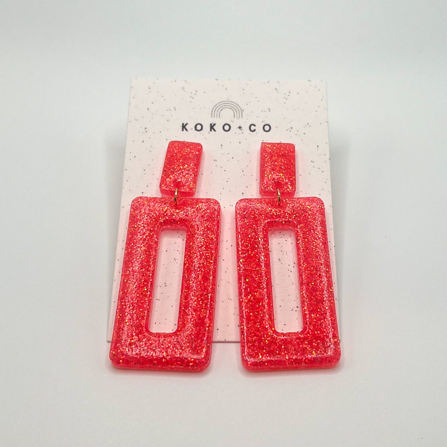 Rectangle Dangle Earrings in Neon Coral Glitter