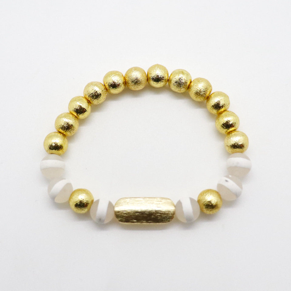 White DZI and Brushed Gold Bead Bracelet