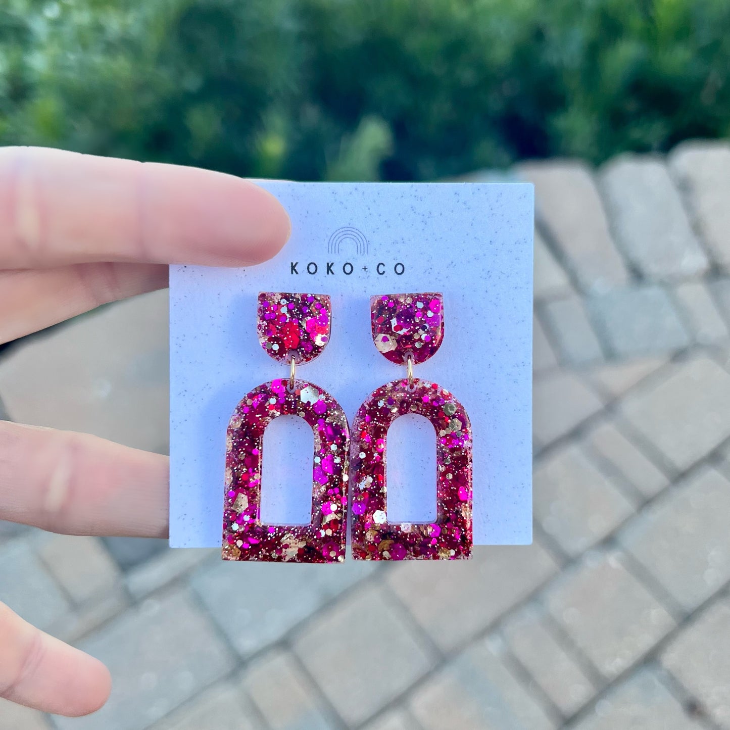 Arched Earrings in Red, Pink and Gold Glitter
