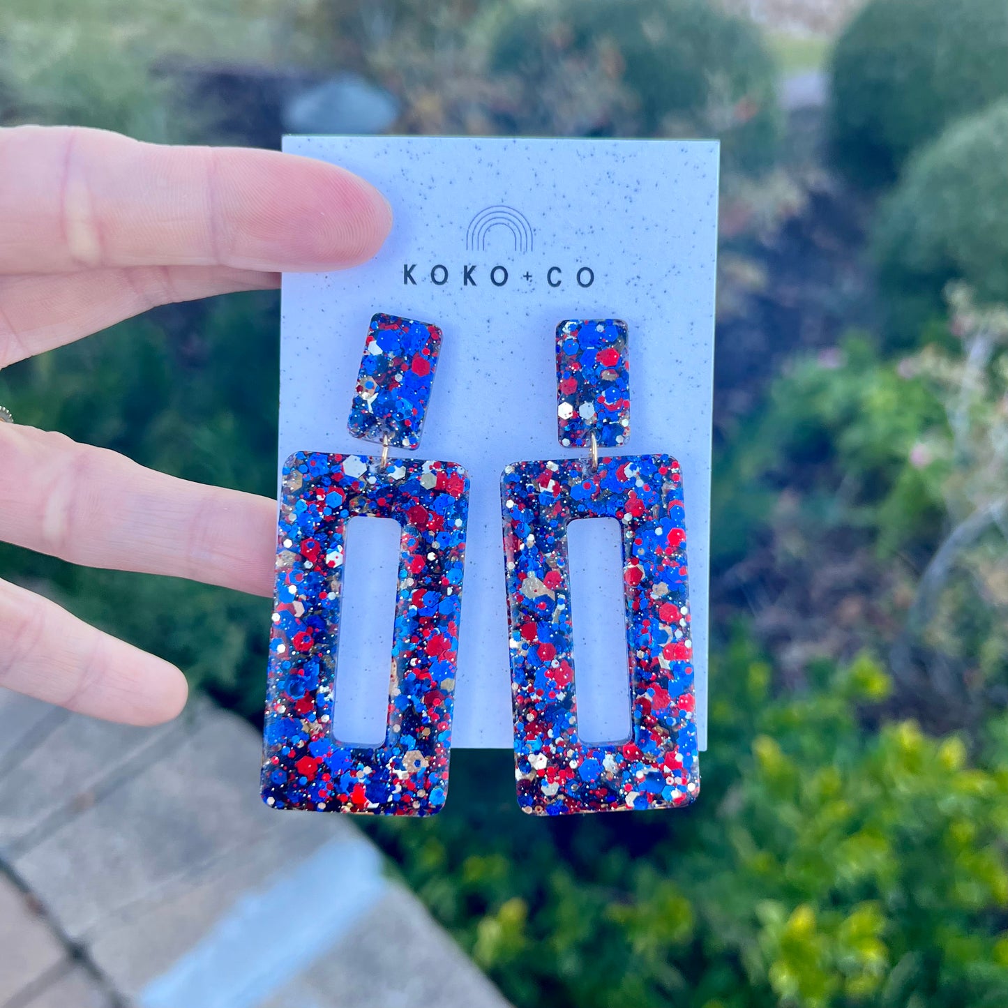 Rectangle Dangle Earrings in Red, Blue and Silver Glitter