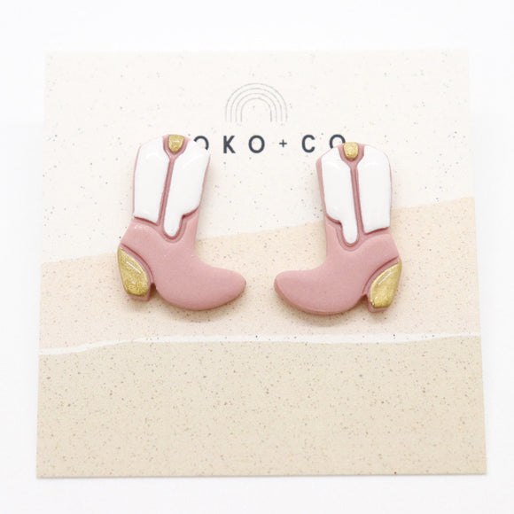 Mini Cowgirl Stud Earrings in Light Pink and White
