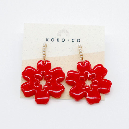 Aloha Pearl Huggie Earrings in Hot Red