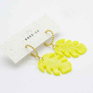 Monstera Earrings in Neon Yellow & Dot Gold Huggie